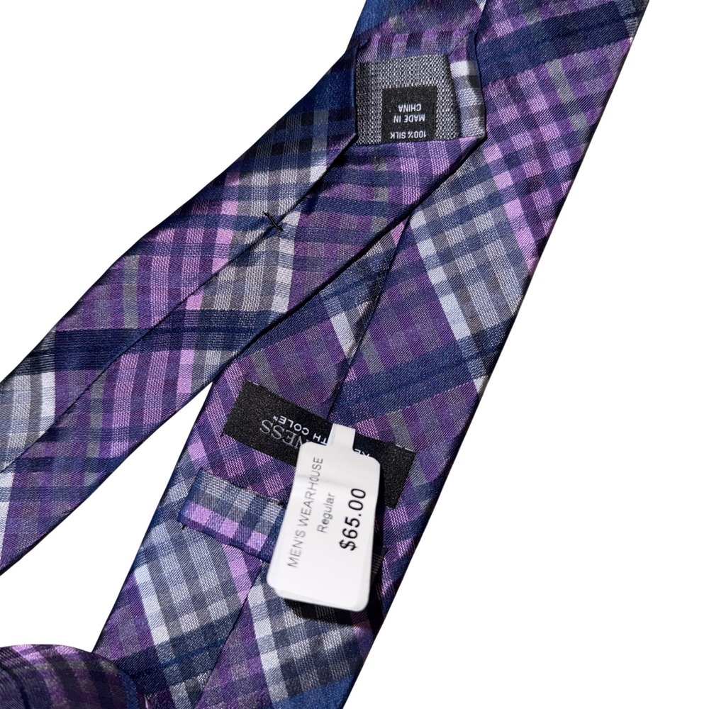 Kenneth Cole Necktie OS Purple Plaid 100% Silk‎ Checkered Formal Mens NWT - Picture 2 of 3